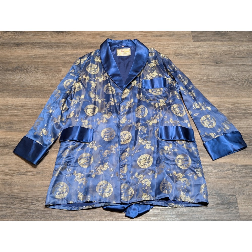 Vintage Solz Squirrel Blue Brocade Dragon Design‎ Long Smoking Gown Robe READ